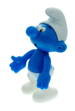 London, England - December 30, 2008: The Smurfs figurine of which there are over 100 different characters based on personality, The Smurfs were first created in 1958