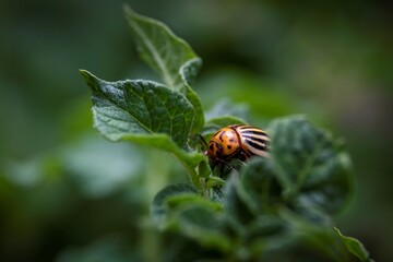 A macro portrait of a colorado beetle, also called leptinotarsa decemlineata in between the leaves of a potato plant. The insect mostly feeds on the plants of the nightshade family.