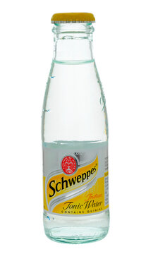 London, England - February 20, 2010: Bottle of Schweppes Indian Tonic Water on a white background