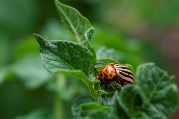 A macro portrait of a leptinotarsa decemlineata, also called a colorado bug in between the leaves of a potato plant. The insect is a beetle and mostly feeds on the plants of the nightshade family.