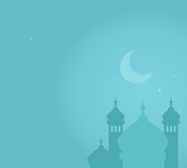 A blue Islamic Eid celebration backdrop. Night sky illustration with skyline silhouette of mosque minarets, moon and stars. Arab style architecture art background with copy space.