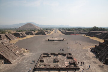 View of Ancient ruins of the Aztec and Pyramid of the Sun seen from Pyramid of the Moon at Teotihuacan, Mexico