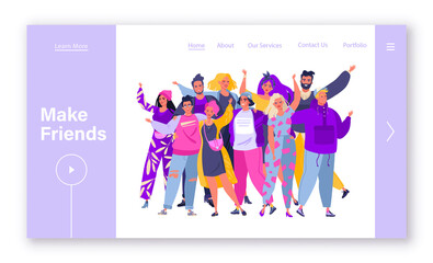 Friendship concept for landing page design. Website page template with group of hugging people. Characters happy, smiling, waving hands. Human relationships, friendship, teamwork, community.