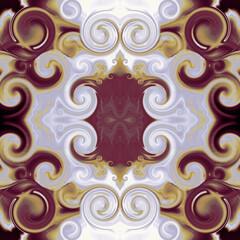 Royal ornament in Baroque style. Symmetric pattern in bordo, gold, gray. Abstract background with scrollworks and circle motifs. Ritzy design for upholstery and drapery material, fabric, tapestry