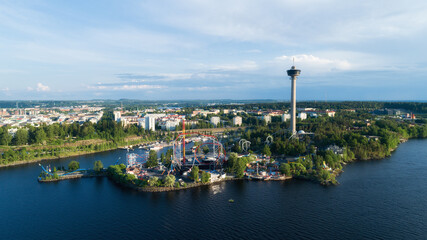 Beautiful top view of amusement park Sarkanniemi in Finland. Summer season. 