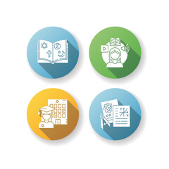 Gaining knowledge flat design long shadow glyph icons set. Religious teaching, self education, medical school and highschool subjects. Academic learning. Silhouette RGB color illustrations