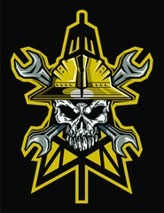 oilfield roughneck skull logo design with hard hat, oil rig and crossed wrenches