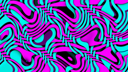 Fototapeta premium Wielokolorowe świecące skręcone linie na czarnym tle. Błyszczący neon fraktal. Streszczenie psychodeliczna ilustracja 3d