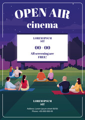 Open air cinema poster template. Romantic date. Performance on screen. Commercial flyer design with semi flat illustration. Vector cartoon promo card. Outdoor film festival advertising invitation - obrazy, fototapety, plakaty
