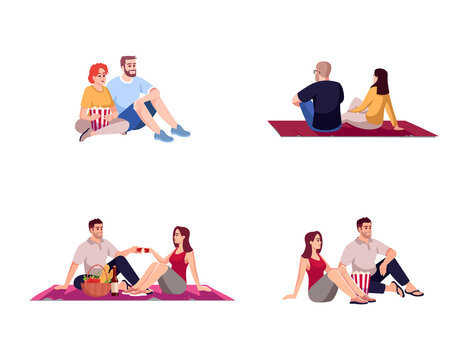 Movie date couples semi flat RGB color vector illustration set. Romantic pastime for woman and man. Film premier on weekend. Lovers isolated cartoon character on white background collection