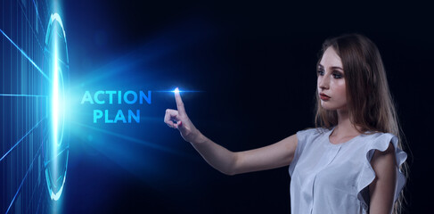 Business, Technology, Internet and network concept. Young businessman working on a virtual screen of the future and sees the inscription: Action plan