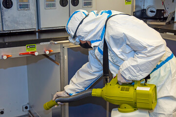 Coronavirus pandemic virus prevention. Airlines interior cabin deep cleaning for Covid-19.