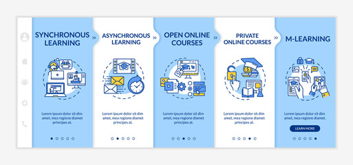 Distance education types onboarding vector template. Mlearning and elearning. Online meeting. Responsive mobile website with icons. Webpage walkthrough step screens. RGB color concept