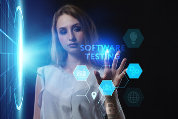 Business, Technology, Internet and network concept. Young businessman working on a virtual screen of the future and sees the inscription: Software testing