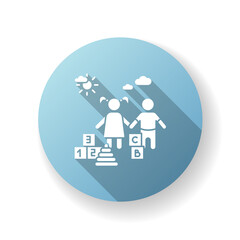 Kindergarten blue flat design long shadow glyph icon. Day care center, institution for little children. Preschool education. Girl and boy playing with toys silhouette RGB color illustration