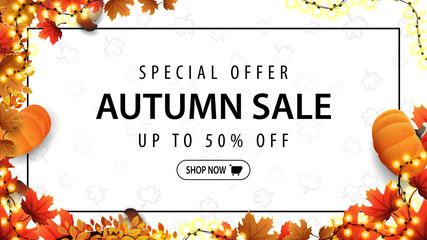 Fototapeta premium Special offer, autumn sale, up to 50% off, white discount banner with frame of garland, autumn leafs, pumpkins, mushrooms and offer with button