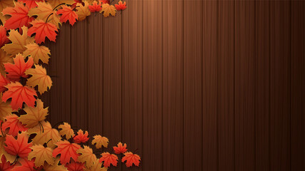 Autumn background with brown wooden background, red and yellow maple leafs, top view. Autumn blank template for your arts