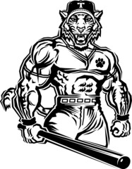 muscular tiger baseball team mascot with bat for school, college or league