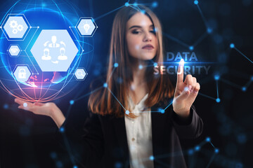 Business, Technology, Internet and network concept. Young businessman working on a virtual screen of the future and sees the inscription: Data security