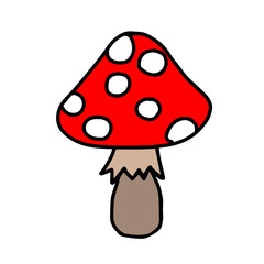 Colored hand-drawn vector illustration of One red fresh mushroom Fly agaric isolated on a white background