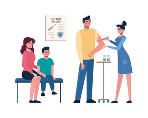 The whole family came for the vaccination. Vaccination of people against various diseases, including coronavirus COVID19. A nurse administers a vaccine to a man. Prevention, injections. Health vector.