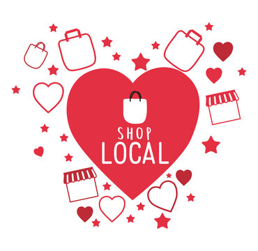 shop local in heart with with bags hearts and stars design of retail buy and market theme Vector illustration