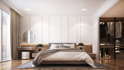 Modern luxury beautiful mock up scene of bedroom interior design and white pattern wall background 