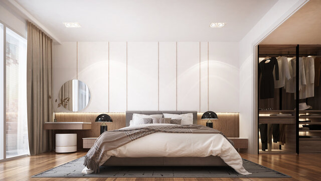 Modern luxury beautiful mock up scene of bedroom interior design and white pattern wall background 