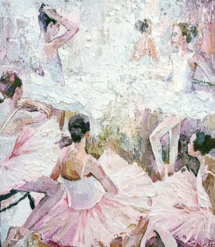 Group of young ballerinas in lush ballet tutus preparing for the performance in the dance class. Primary colors: white, pink, purple, brown and gray. Oil painting on canvas.