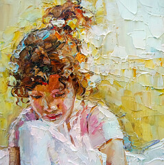Little ballerina with curly hair sits and fastens pointe shoes on a light yellow background. Oil painting, palette knife technique and brush