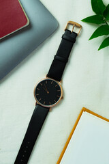 Closeup minimal fashion wristwatch for unisex