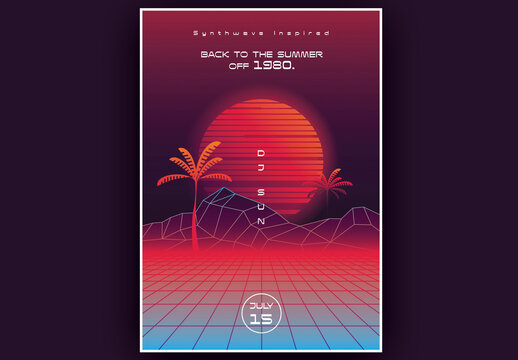 Synthwave Summer Poster Layout with Sunset and Palm Trees