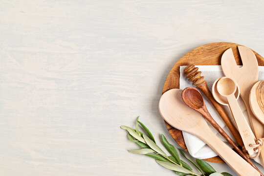 Traditional wooden kitchen utensils abd kitchenware mock up. Home cooking, recipe book template. Top view, copy space