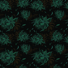 beautiful big flower buds. seamless vector pattern on a dark background with large flowers, beautiful wallpaper on a dark background