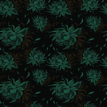 beautiful big flower buds. seamless vector pattern on a dark background with large flowers, beautiful wallpaper on a dark background © nata