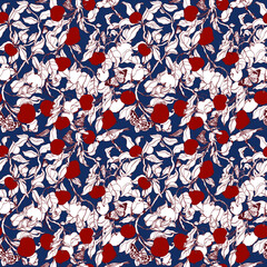 birds in the branches of a tree. seamless vector pattern with birds, insects, butterflies. in the dense foliage of the apple tree. beautiful graceful illustrations with bright apple fruits