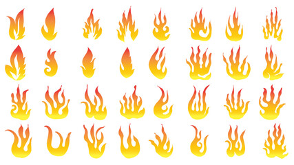 Set of red and orange fire flame. Collection of hot flaming element. Idea of energy and power. Vector illustration.