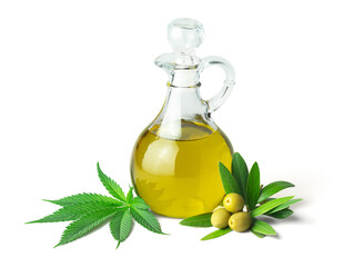 Cannabis or Hemp Infused Olive Oil in Glass Pitcher with Marijuana Leaf and Olives Isolated on White Background