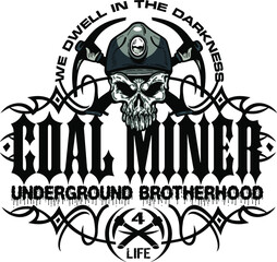 Obraz premium tribal coal miner underground brotherhood design with skull and crossed pickaxes for stickers or tees