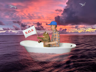 The man with his cat are drifting in the bathtub on the open sea after shipwreck. They hold a sign...