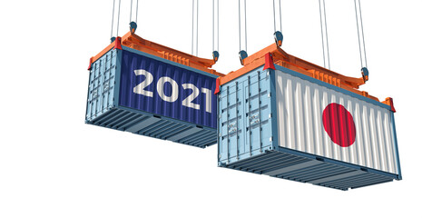 Trading 2021. Freight container with Japan flag. 3D Rendering 