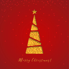 Creative paper Christmas tree, made of gold glitter sparkling particles on red background. Vector illustration.