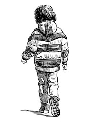 Freehand drawing of little kid in jacket walking along street