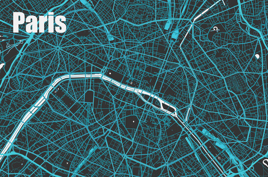 Stylish vector high-tech map of Paris. with blue streets