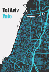 Stylish vector high-tech map of Tel Aviv - Yafo. with blue streets