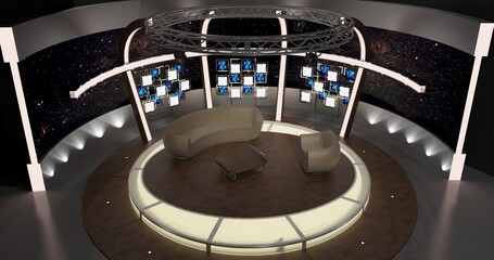 Virtual TV Studio Chat Set 20-3. 3d Rendering.
Virtual set studio for chroma footage. wherever you want it, With a simple setup, a few square feet of space.