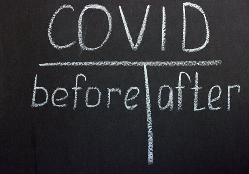 
Chalkboard text covid 19 before after. Life changes after the outbreak of a pandemic
