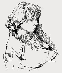 Sketch portrait of young pensive woman