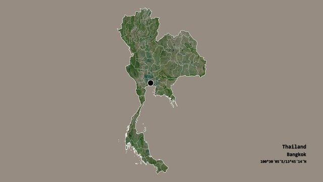 Pathum Thani, province of Thailand, with its capital, localized, outlined and zoomed with informative overlays on a satellite map in the Stereographic projection. Animation 3D