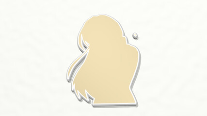 girl from a perspective on the wall. A thick sculpture made of metallic materials of 3D rendering. beautiful and background